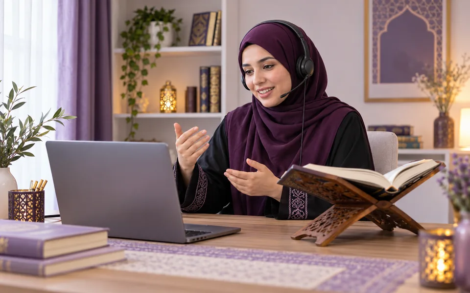Female Quran tutor teaching an online lesson