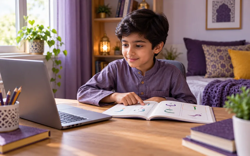 Child learning Arabic letters with a primer and laptop