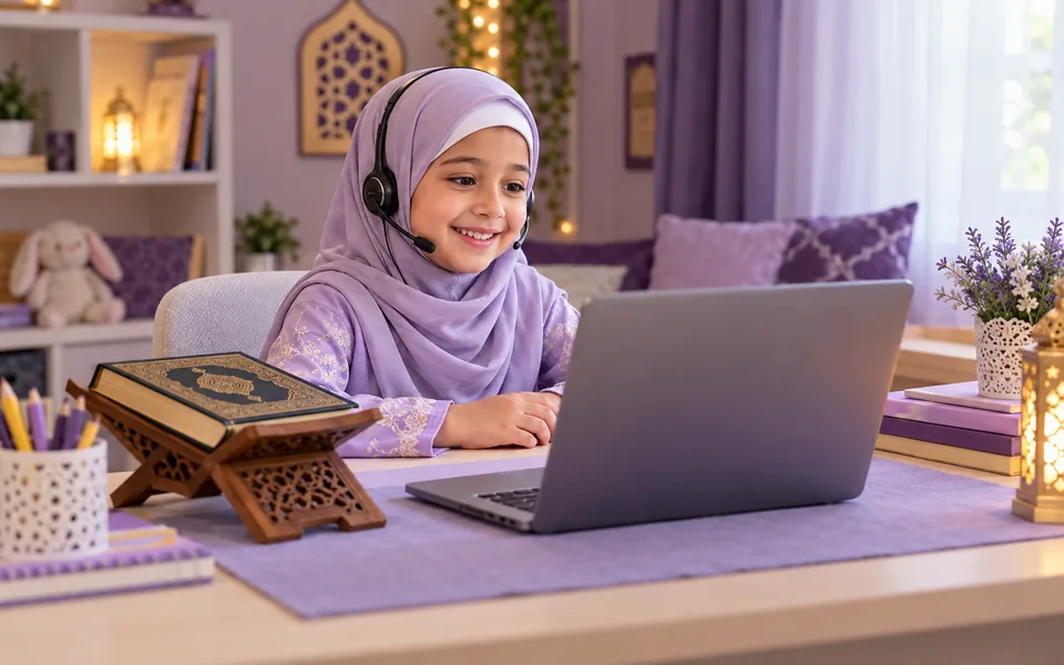 Child attending an online Quran lesson from home