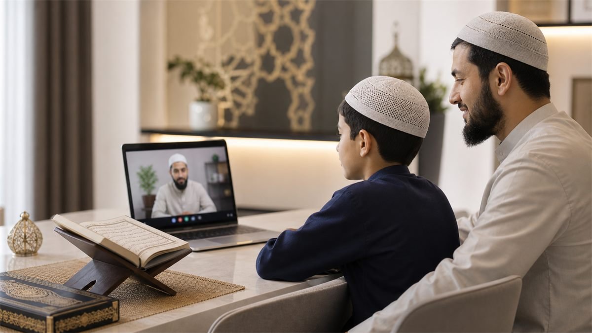Parent and child learning Quran online with a 92 Campus teacher