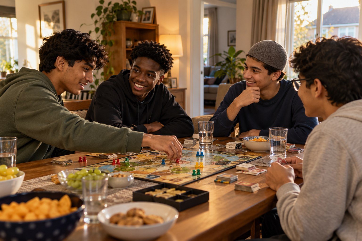 Teenage friends enjoying a board game and snacks together in a welcoming home.