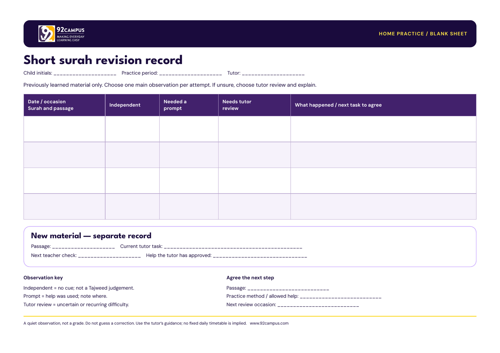 Blank short surah revision sheet with three observation columns and a separate new-material record.