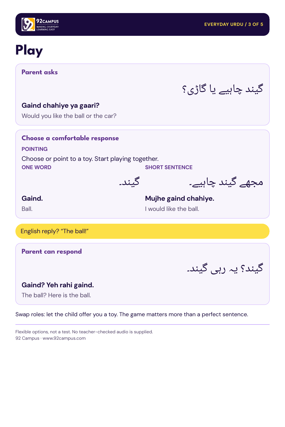 Play conversation card with Urdu, Roman Urdu, English meanings and flexible response options.