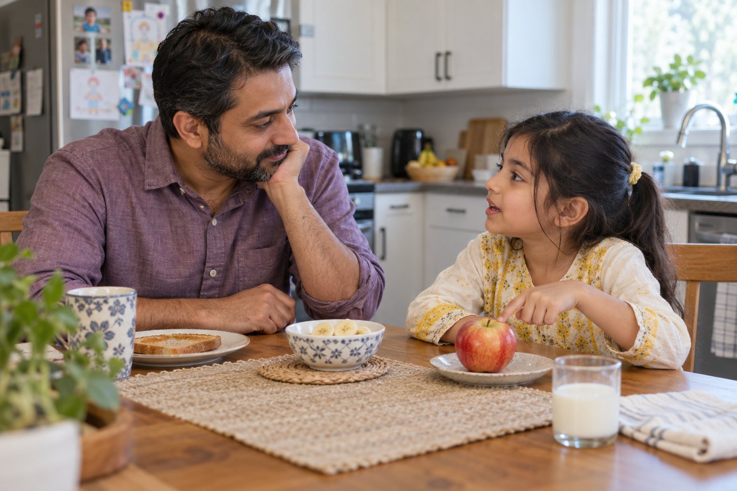 A father listens as his daughter chooses a fruit during a relaxed breakfast conversation.