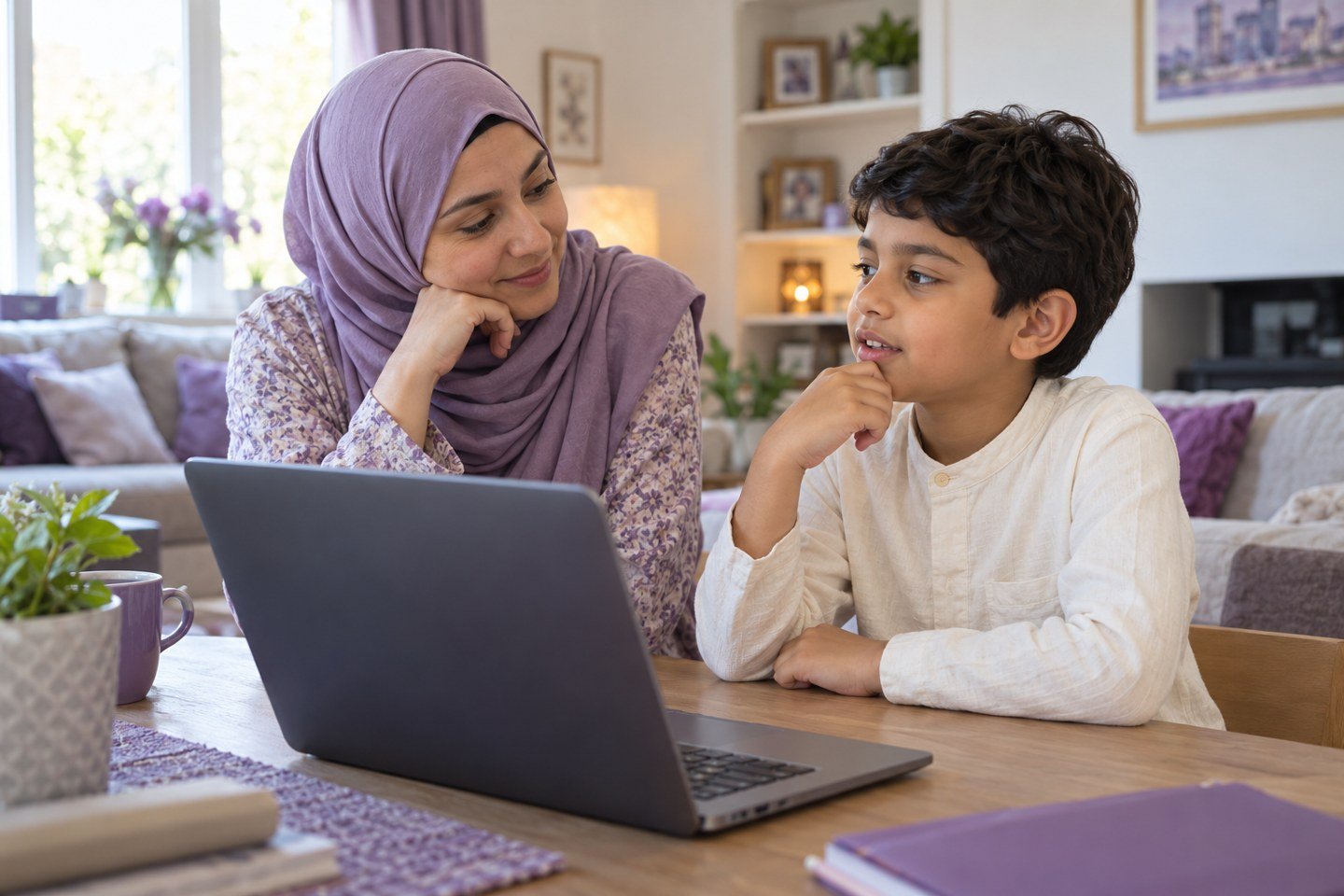 A mother listens to her child beside a laptop during a calm pause in home learning.