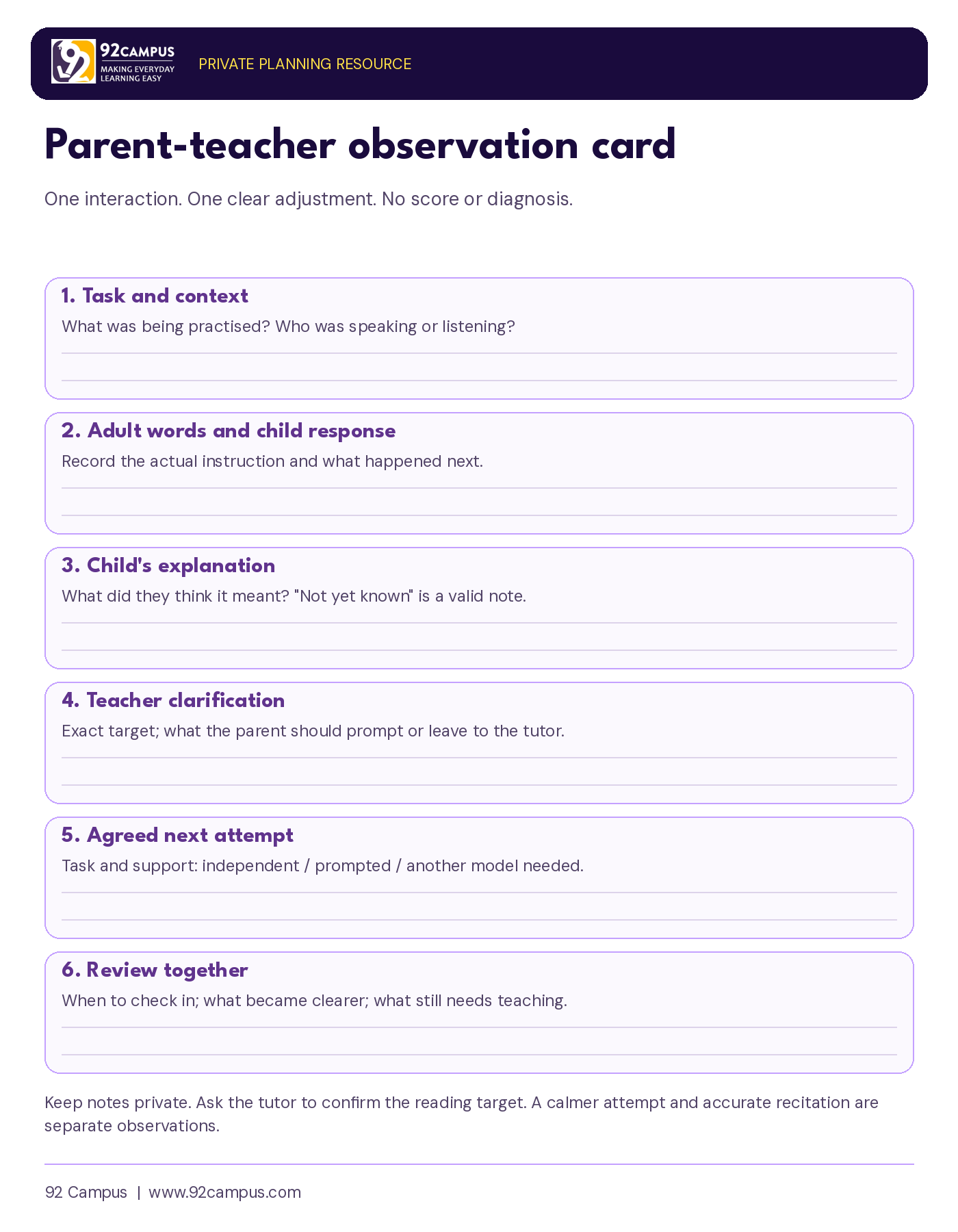Blank parent-teacher card for recording one lesson interaction and an agreed next task.
