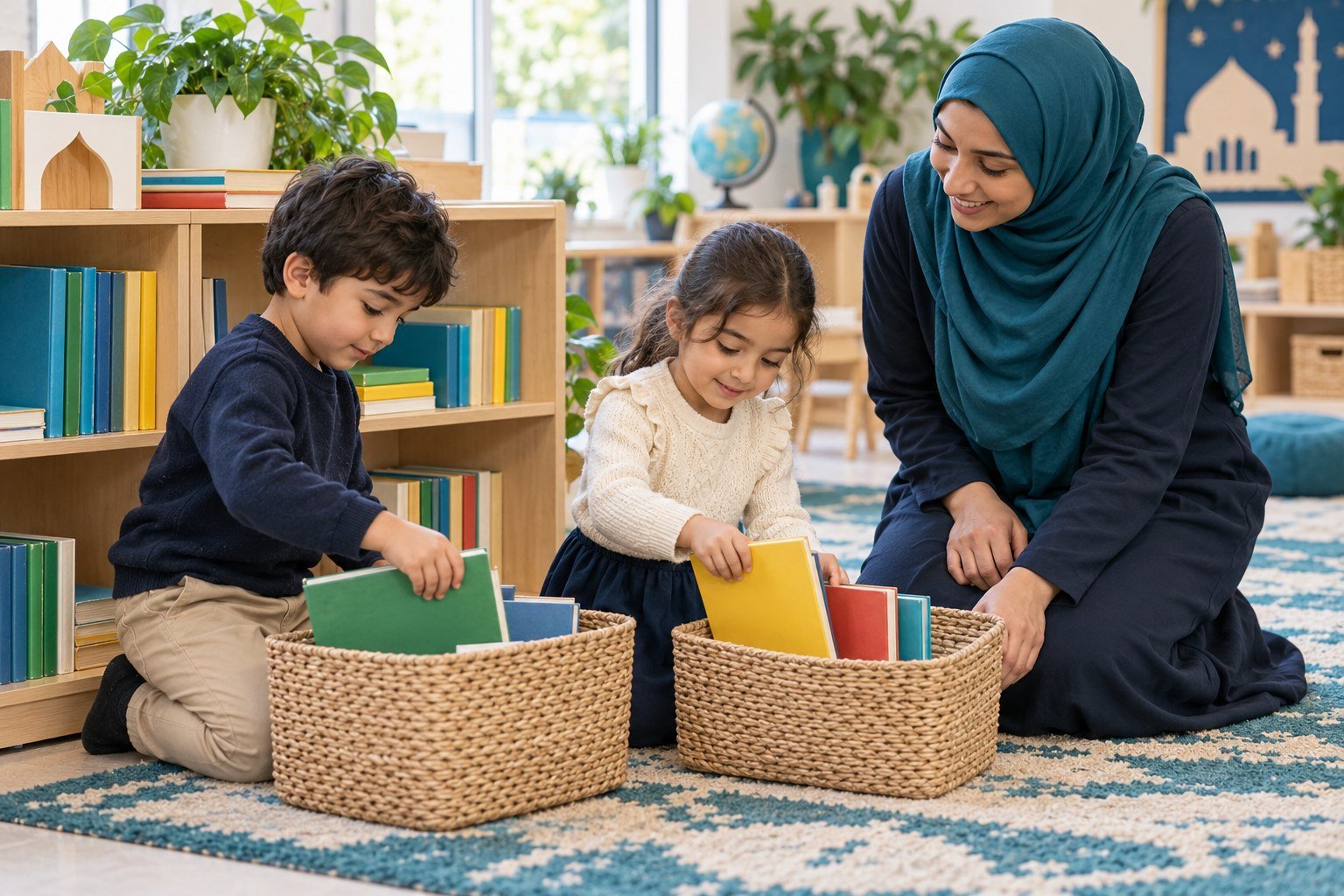 Two young children sort books into baskets while a teacher supports them at a low shelf.