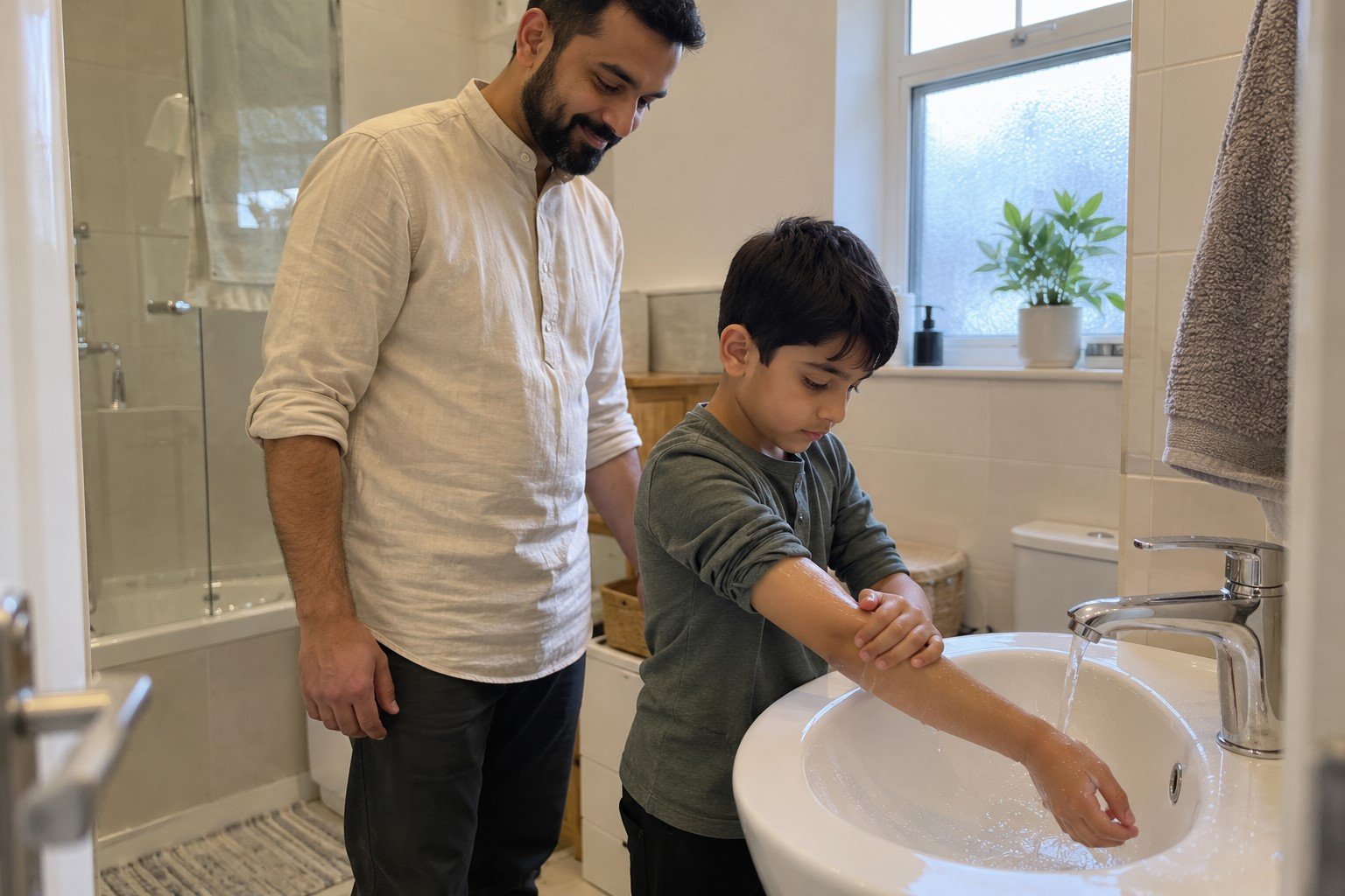 Muslim mother and daughter discussing a wudu lesson together at home