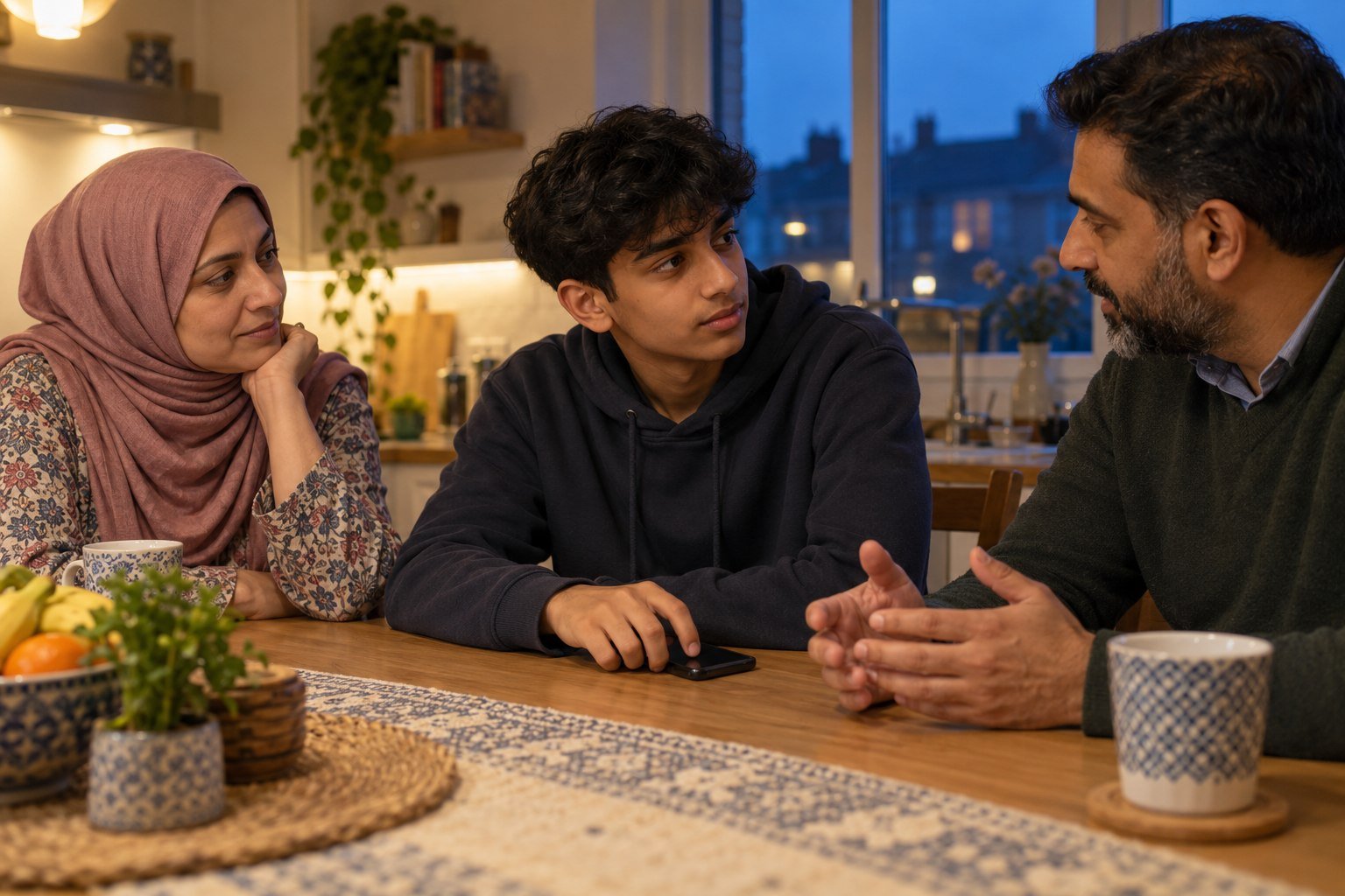 Muslim parents listening to their teenage son during a calm conversation at home.