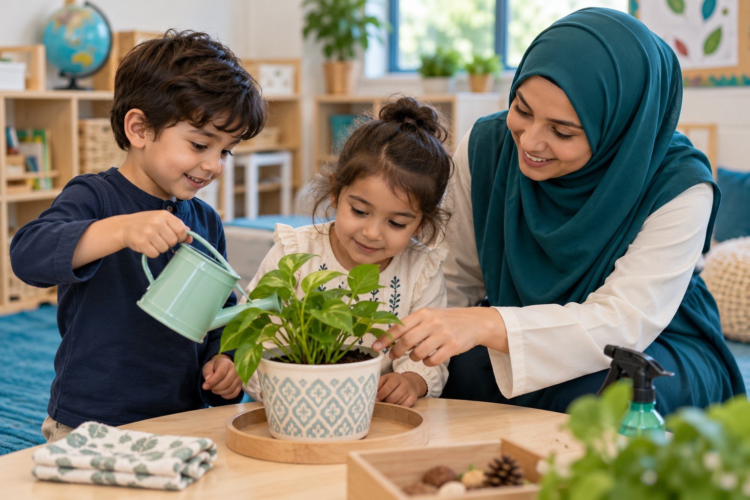 Children nurture a classroom plant