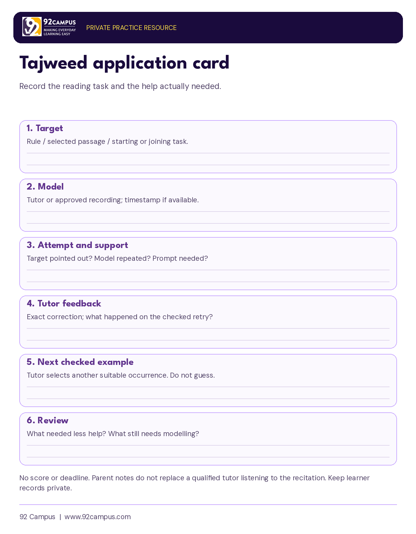Blank Tajweed practice card for target, model, support, feedback, next checked example and review.