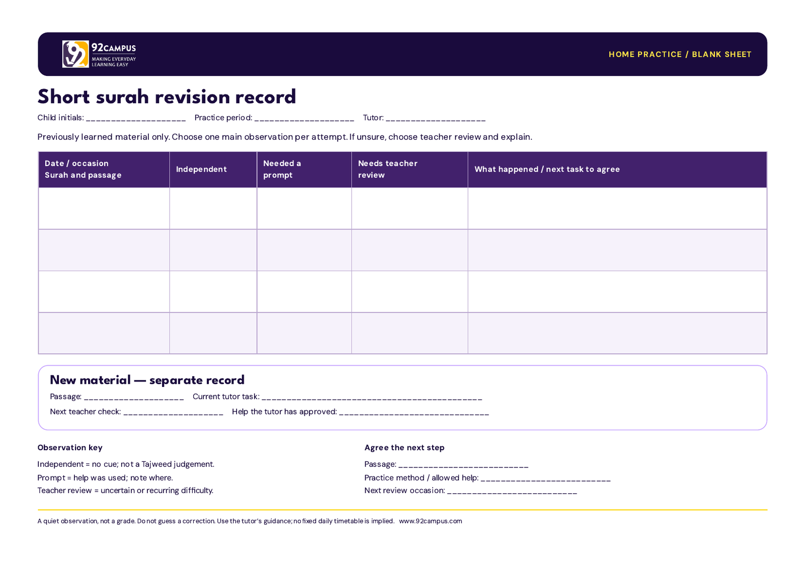 Blank short surah revision sheet with three observation columns and a separate new-material record.