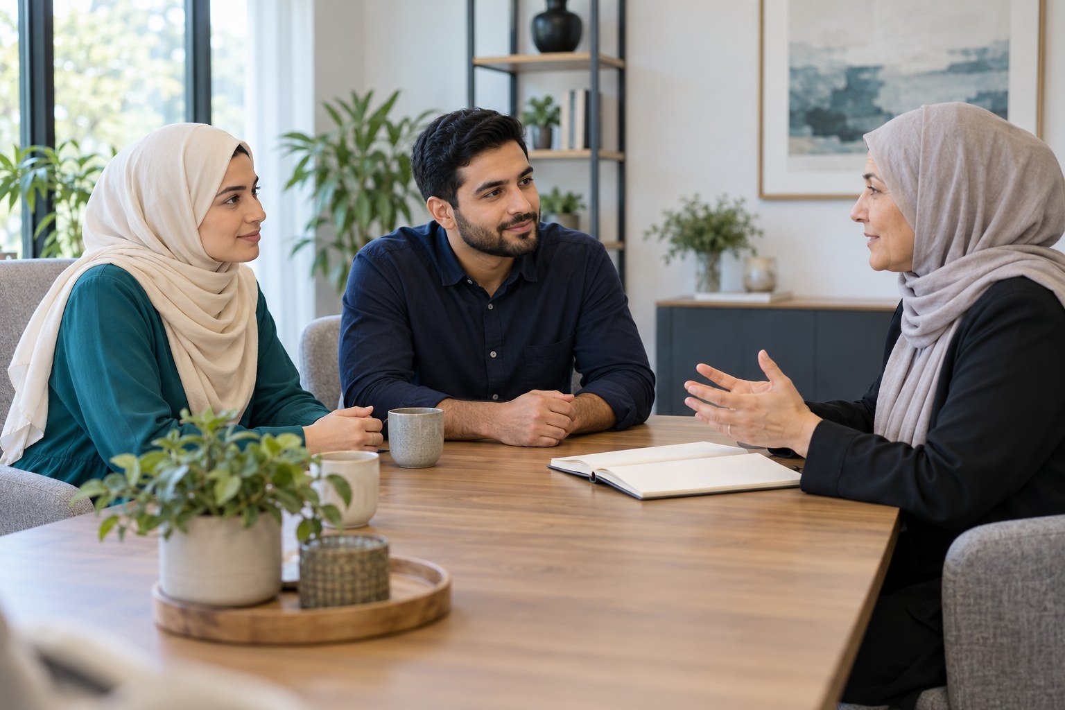 Two Muslim adults discussing a notebook with an adviser in a bright meeting room.