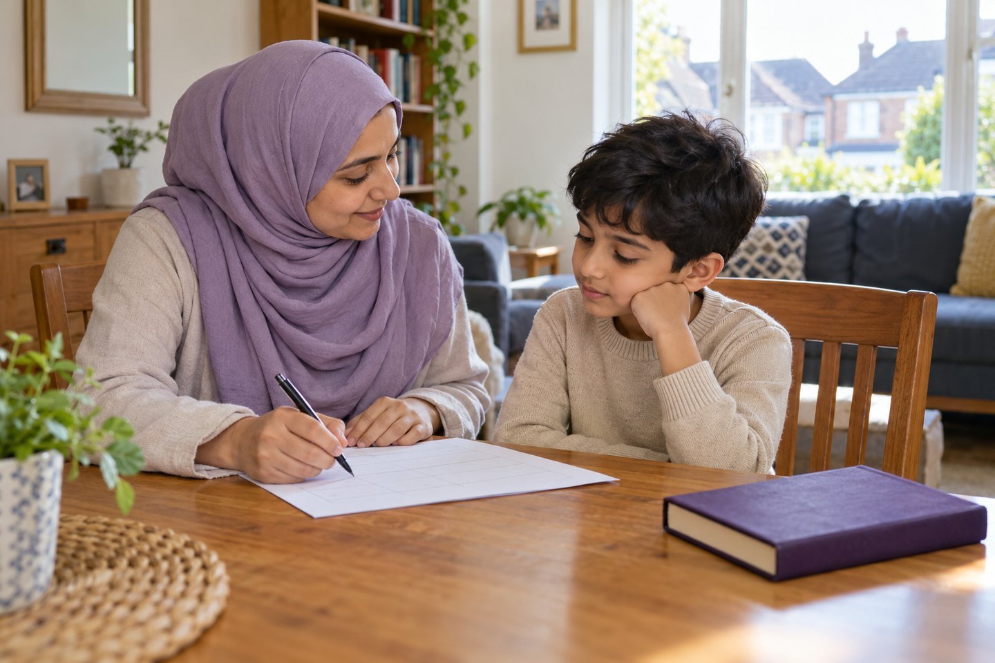 A mother listens beside her child while noting a small revision task at home.